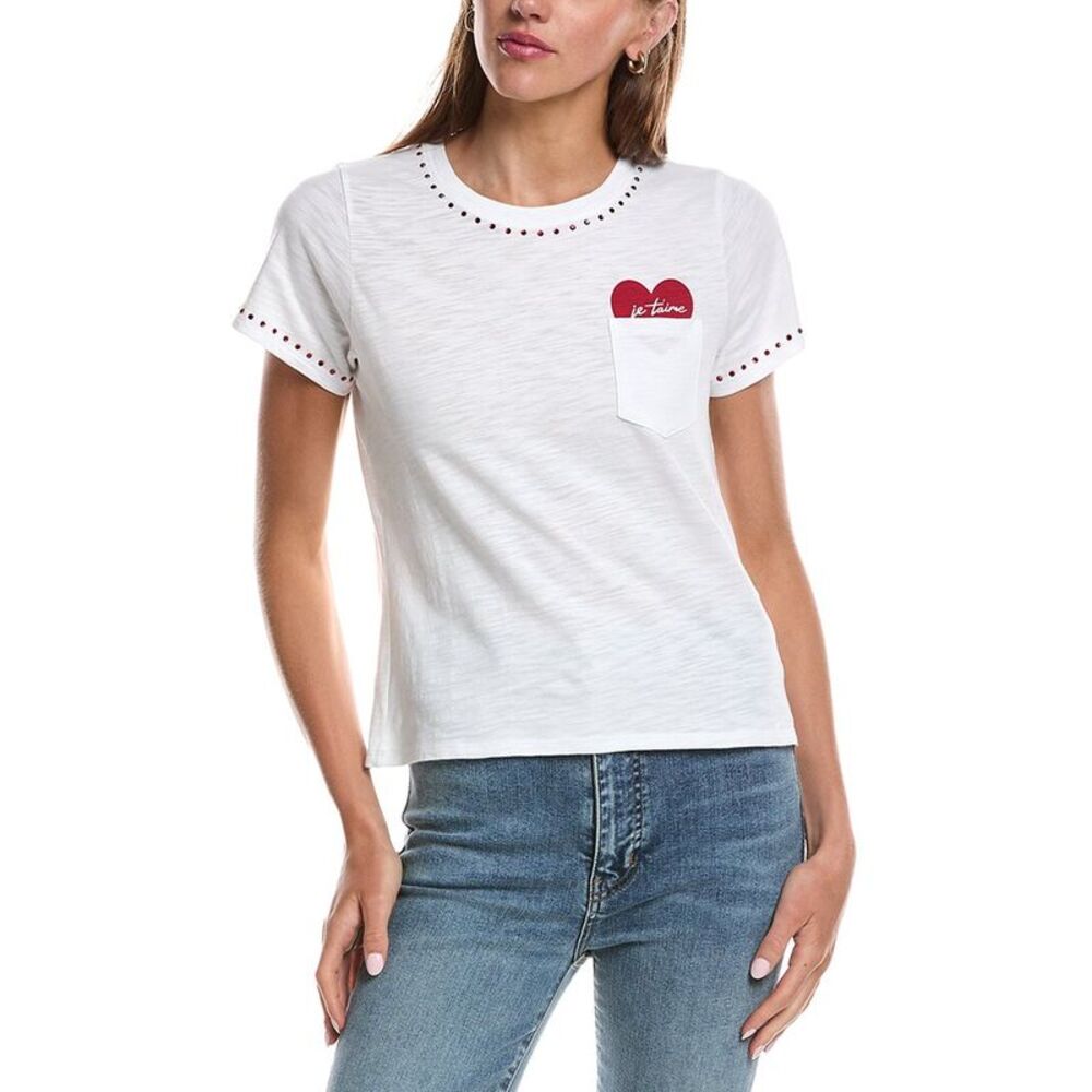 Cinq À Sept Womens  Heart Pocket Shrunken T-Shirt, White